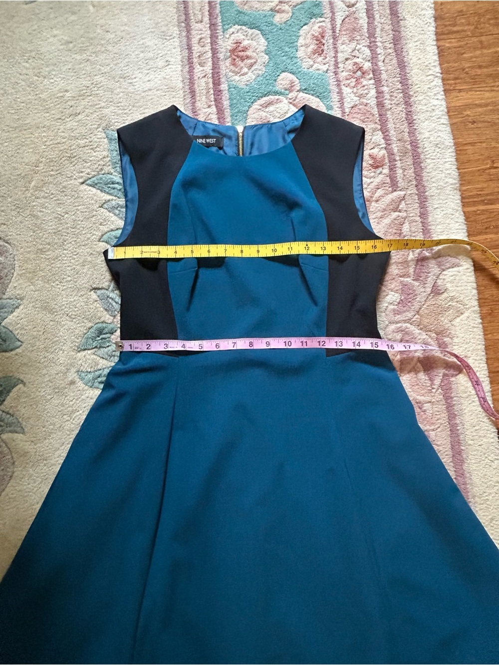Nine West Teal Sleeveless A-Line Dress with Black Panels - Picture 10 of 12
